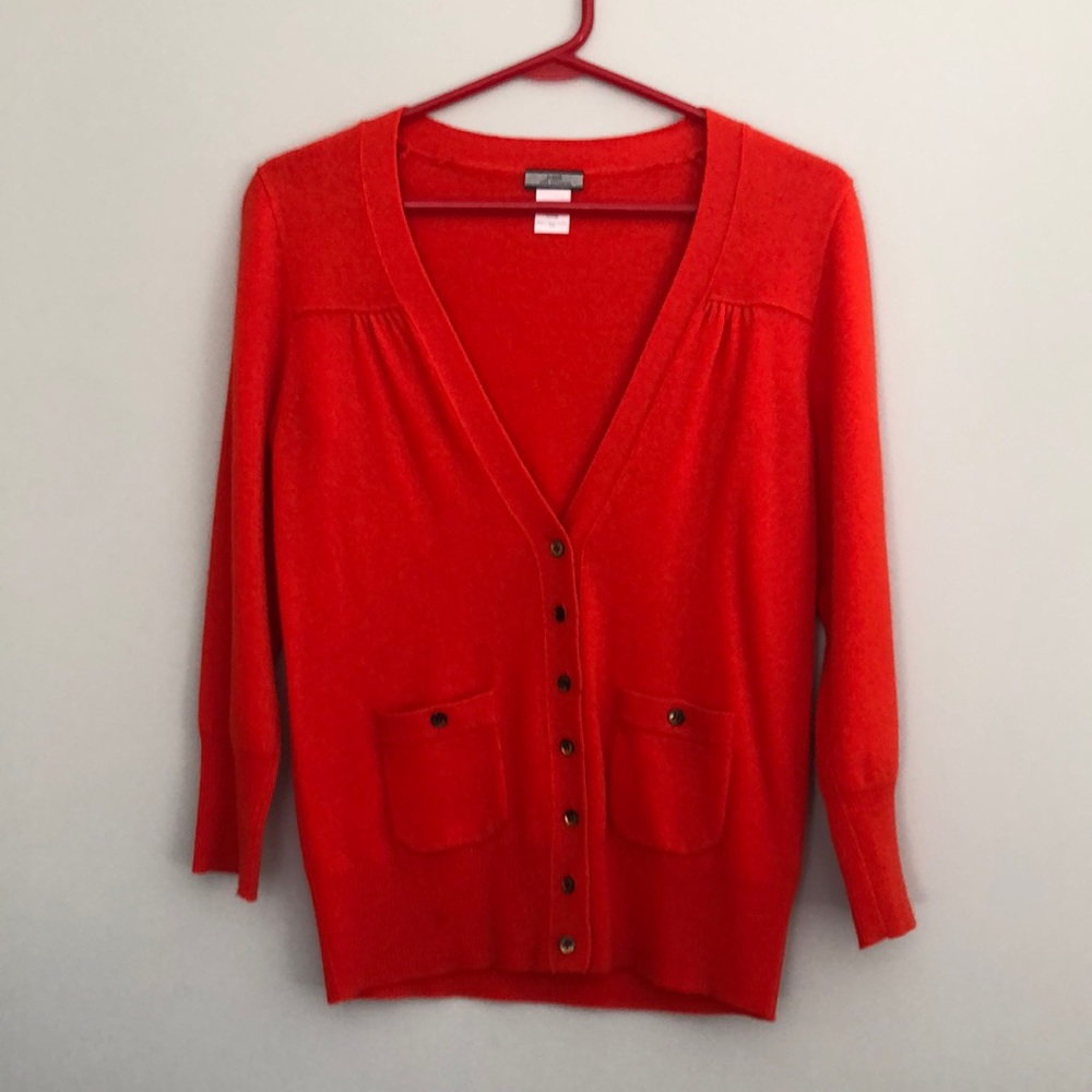 Women’s J. Crew 100% Cashmere Red Orange Cardigan Sweater Medium
